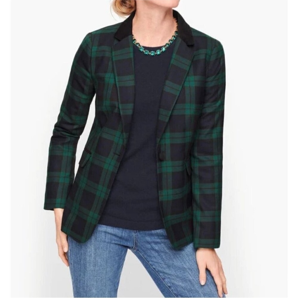 Talbots Petites Plaid Blazer Green Navy Velvet Collar Jacket 6P